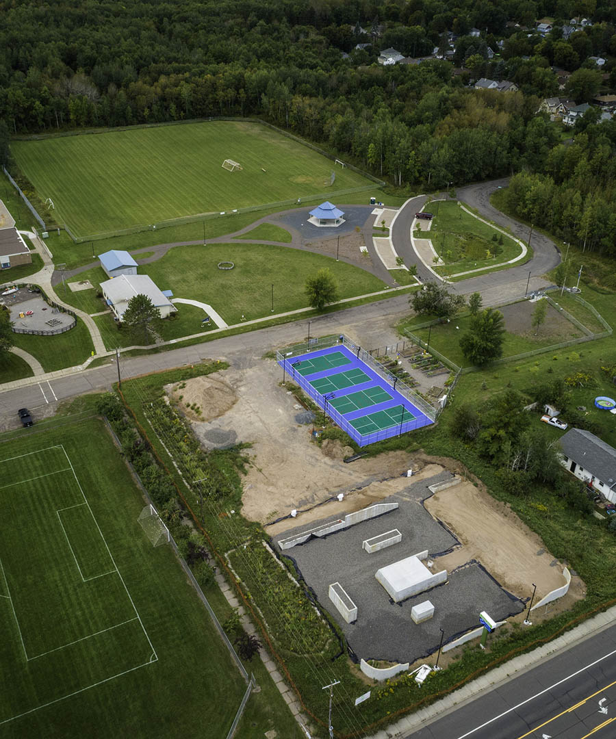An aerial view of the entire GND REC area, including the skate park, the Sport Court, Soccer Fields, Community Building