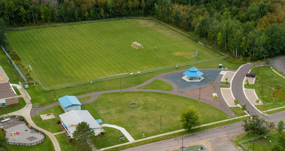 Overview of the soccer field, community building and pavilion at GND REC