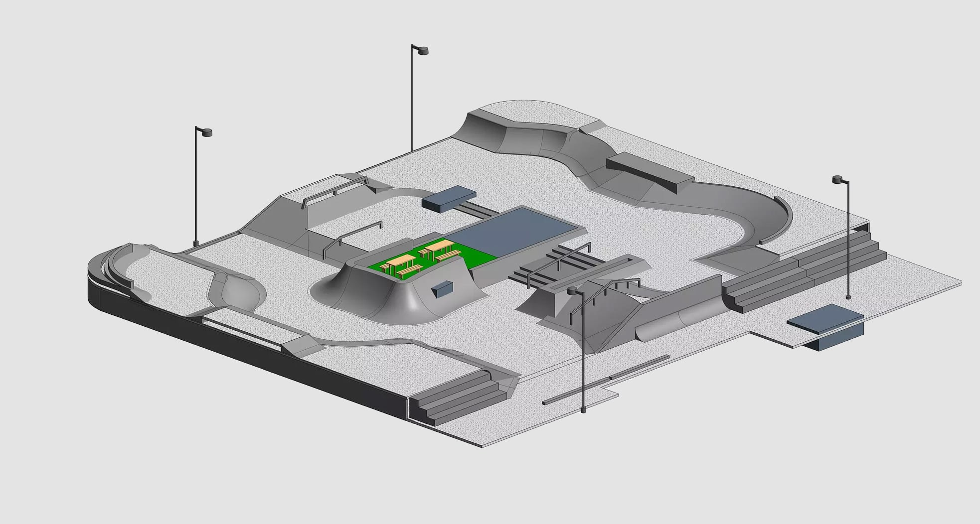 Gray mockup drawing of a skatepark