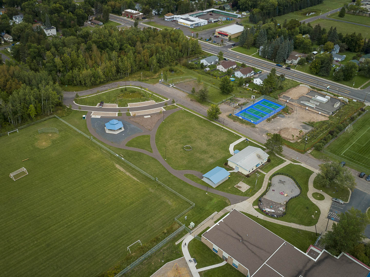 An aerial view of the GND REC showing the soccer fields, the Pavilion, the Sport Court, and the Community Building
