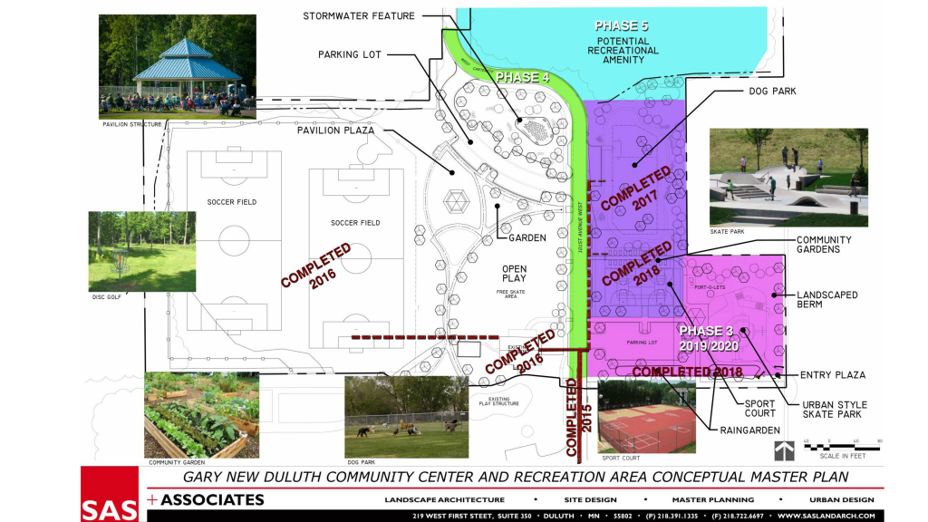 the GND REC plan, showing completed phases (Sport Court, Gardens) and when other phases are set to be complete