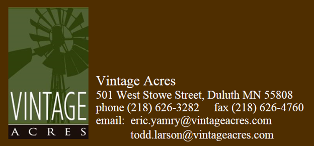 The logo and contact information of Vintage Acres